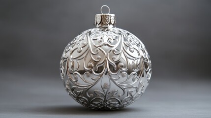 A silver Christmas ornament with an ornate design on a grey background.