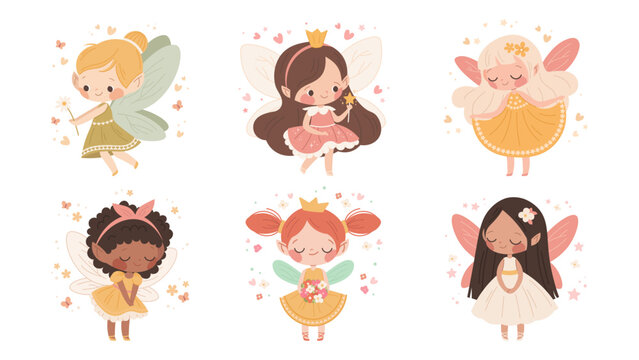 Set of cute drawn fairies for girls and babies. Fairy princess with wings and flowers. Vector isolated character