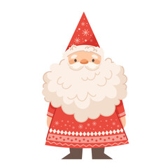 Cute Scandinavian gnome in red costume. Dwarf for children with long beard. Vector character