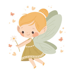 Cute flower fairy with daisy in her hands. Princess with wings in green dress. Vector kids character