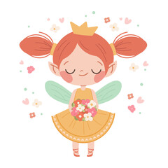 Cute fairy princess with wings and bouquet of flowers. Drawn fairy with red hair on white background. Vector kid's character