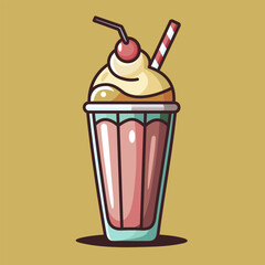 Fruit milkshake with whipped cream and pink fruit. Bright glass of milk and fruit smoothie isolated on bright background. Sweet fun treat