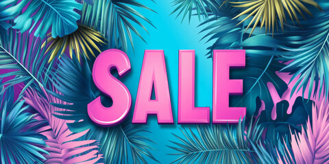 Tropical "SALE" banner with palm leaves and bright colors, ideal for a summer or beach promotion