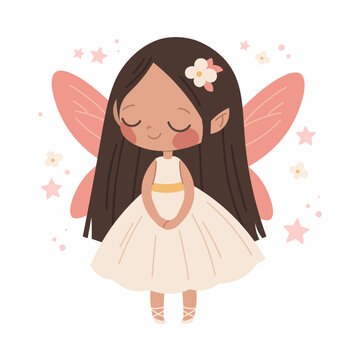 Cute princess with wings in white dress. Fantastic fairy on white background. Vector character for kids