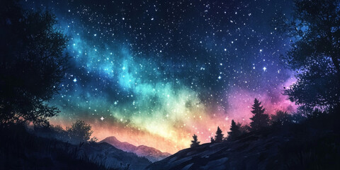 Naklejka premium Hand painted watercolor of a magical night sky with stars and a faint aurora borealis