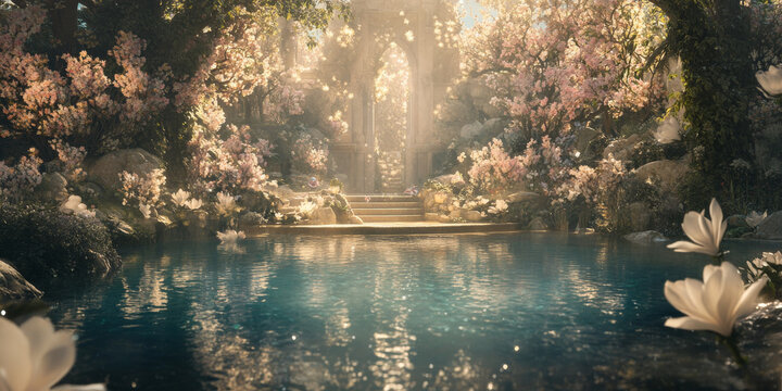 An enchanted garden with a shimmering pond, where magical creatures gather, embodying the essence of timeless beauty