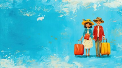 A joyful couple stands side by side, holding vibrant luggage, excited for their upcoming travel adventure. space for text