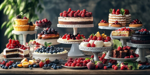A delicious dessert buffet featuring a variety of cakes, pastries, and fruits, creating a tempting display