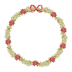 Watercolor Christmas wreath with berry leaves and Christmas flowers, Perfect for Christmas greeting cards and festive decoration vector
