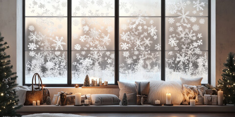 Frosted windowpane with intricate snowflake patterns, showcasing a cozy interior scene with holiday decor