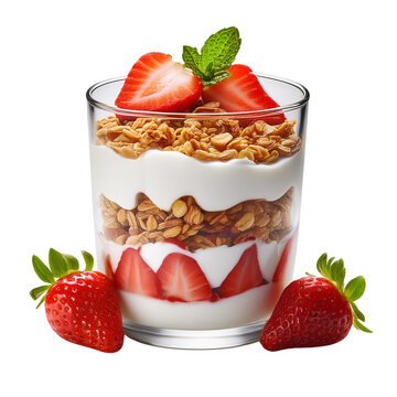 Yogurt parfait with strawberries and granola transparent background
