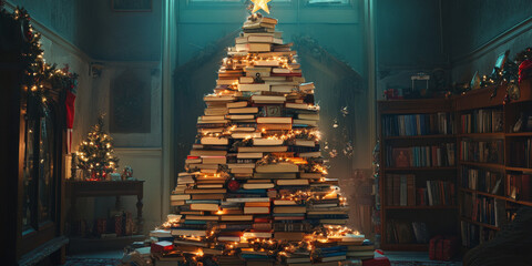 A whimsical Christmas tree made of books, with tiny lights and ornaments, perfect for book lovers during the holidays
