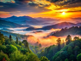 Captivating Sunrise Over the Smoky Mountains in Pigeon Forge, Tennessee, Showcasing Vibrant Colors and Tranquil Scenery for Nature Lovers and Photography Enthusiasts