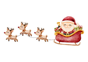 Watercolor Santa Claus. Hand drawn Santa with gift boxes rides in sleigh pulled by reindeer, Perfect for Christmas greeting cards and festive decoration vector