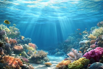 Obraz premium Underwater Coral Reef with Sunbeams.