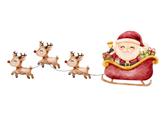 Watercolor Santa Claus. Hand drawn Santa with gift boxes rides in sleigh pulled by reindeer, Perfect for Christmas greeting cards and festive decoration vector