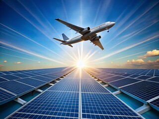 Minimalist Photography of Photovoltaic Solar Panels and Aircraft in Contrast Against a Clear Sky, Showcasing Renewable Energy and Modern Aviation Technology