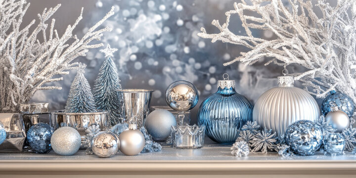 Elegant silver and blue Christmas decorations with a frosty winter backdrop