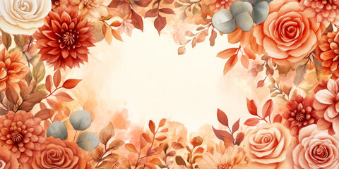 Fall-themed watercolor floral border with dahlias, roses, eucalyptus leaves, and terracotta foliage. Warm burnt orange tones for a rustic wedding aesthetic