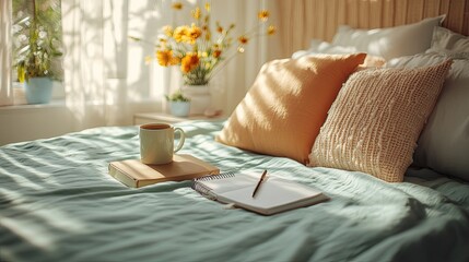 A cozy bedroom scene with a cup of tea, a notebook, and a pen on a bed with pillows.