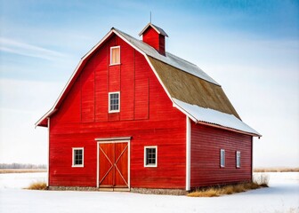 Fototapeta premium Minimalist Red Farm Barn in White Background - Agriculture Photography, Rustic Ranch, Country Life, Farmhouse, Barn Design, Agricultural Landscape, Nature, Simple, Isolated Structure