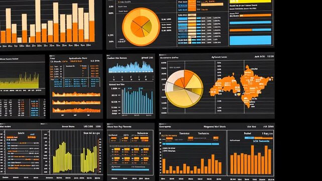 A screen displays a variety of charts and graphs displaying data related to revenue, sales, and demographics