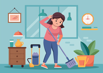 Housewife sweeping floor and touching hair in living room
