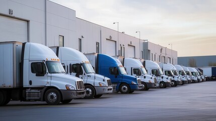Organized Logistics Network of Trucks Lined Up for Warehouse Loading and Delivery
