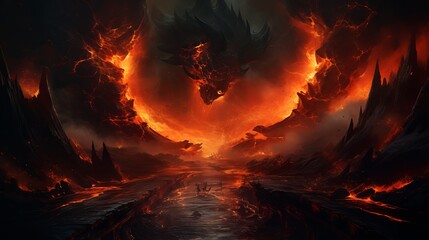 Fiery dragon emerging from molten lava in a dark fantasy landscape at dusk