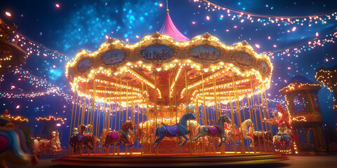 A whimsical carousel spinning under twinkling lights, symbolizing the joy and magic of fleeting moments