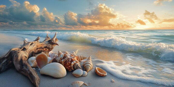 A serene beach scene with shells and driftwood, where time flows like the tide, creating a magical atmosphere