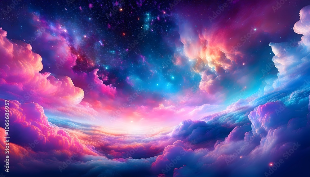 Wall mural a dreamy psychedelic background filled with neon-colored clouds that fade into a deep space