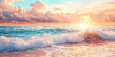 Hand painted watercolor of soft ocean waves and a sandy beach under a warm sunset sky