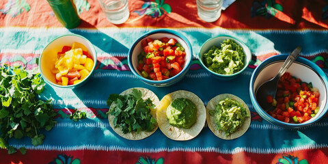 A colorful taco spread with various toppings like salsa, guacamole, and fresh cilantro on a vibrant tablecloth