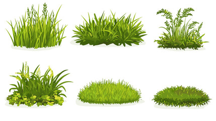 Set of vector grass illustrations on a white background Green flat meadows on white background Green turf vector set. Lawn field pasture grassland blades of grass Eco element foliage, stylized ecology © The Illustraitor