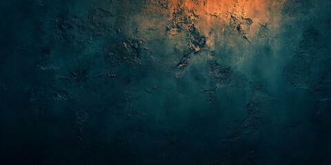 Obraz premium Vintage-inspired grunge texture with dark teal hues and soft warm orange light casting a glow, layered with distressed abstract patterns for a moody atmosphere