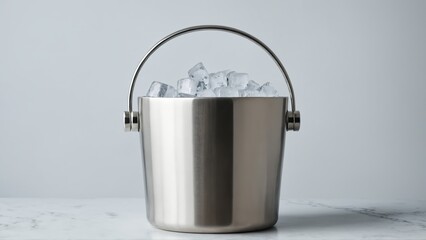 Stainless steel ice bucket filled with ice cubes on marble surface
