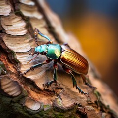 Fototapeta premium Macro of beetle on tree bark, rich textures and tiny details, beauty in nature brown and green color