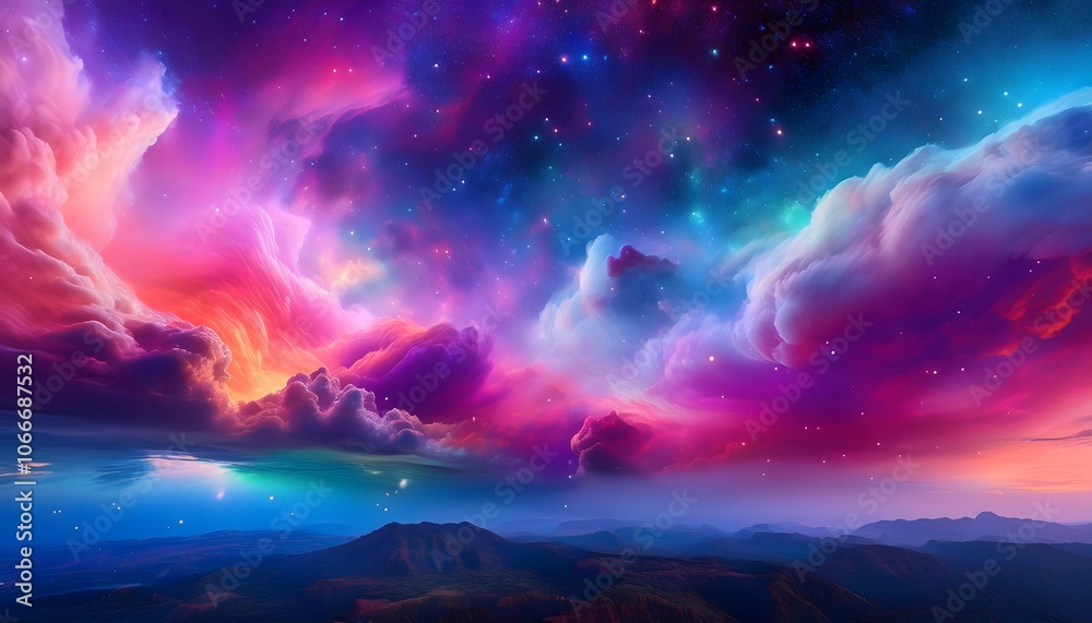 Wall mural a dreamy psychedelic background filled with neon-colored clouds that fade into a deep space