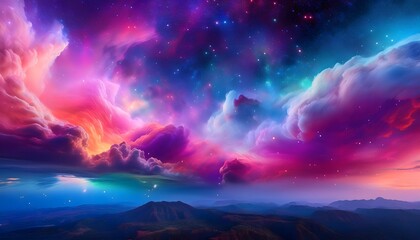 Naklejka premium A dreamy psychedelic background filled with neon-colored clouds that fade into a deep space