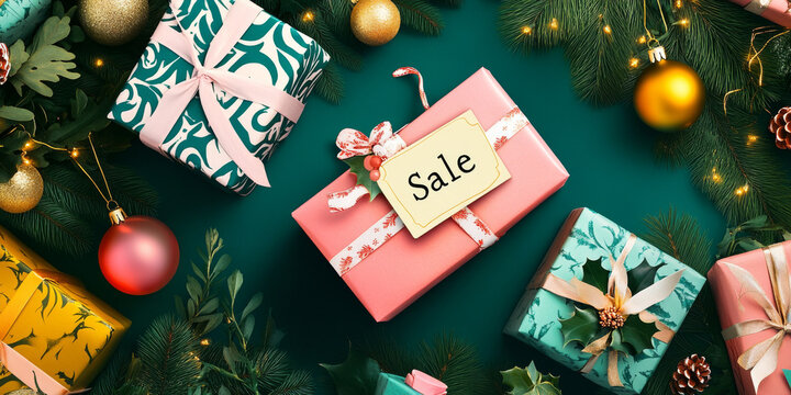 A close-up of beautifully wrapped gifts with "Sale" tags, set against a festive backdrop of greenery and ornaments