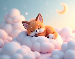 Fototapeta premium Adorable animals sleeping on fluffy clouds, dreaming in a soft, serene sky