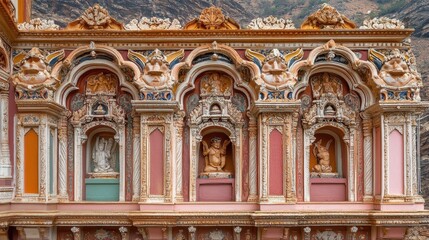 Obraz premium A close-up of the detailed carvings on the walls of the Badrinath Temple, emphasizing the architectural beauty and significance of this sacred site