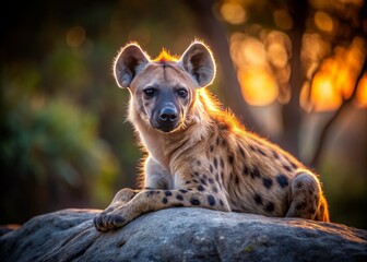 Obraz premium Closeup of a Spotted Hyena Resting on a Rock in Low Light Conditions, Showcasing Its Unique Coat and Intense Gaze, with Natural Elements Enhancing the Scene's Atmosphere