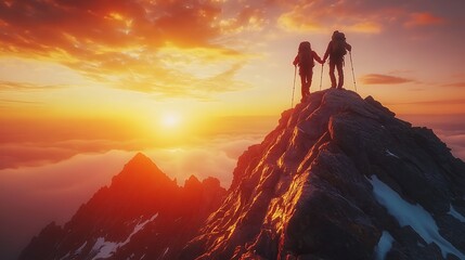 Fototapeta premium Two hikers helping each other reach the top mountain