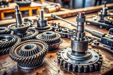 Closeup of Disassembled Automatic Transmission Gear Part on Workbench in Garage - Complex Industrial Mechanism for Vehicle Maintenance and Repair Services