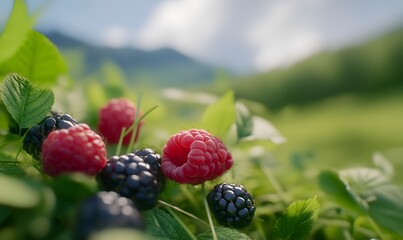 A bunch of red and black raspberries in the grass, Generative AI 