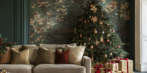 A classic Christmas tree set against a backdrop of festive wrapping paper and ribbons, capturing the essence of gift-giving