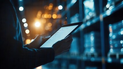 Warehouse manager reviewing reports on a tablet while overseeing operations, [warehouse management], [data analysis in logistics], ,