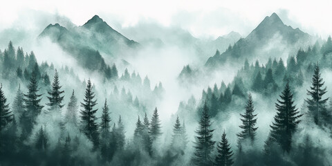 Fototapeta premium Soft watercolor illustration of foggy forest and mountains, with gentle shades of green and gray mist for a serene look, on a transparent background